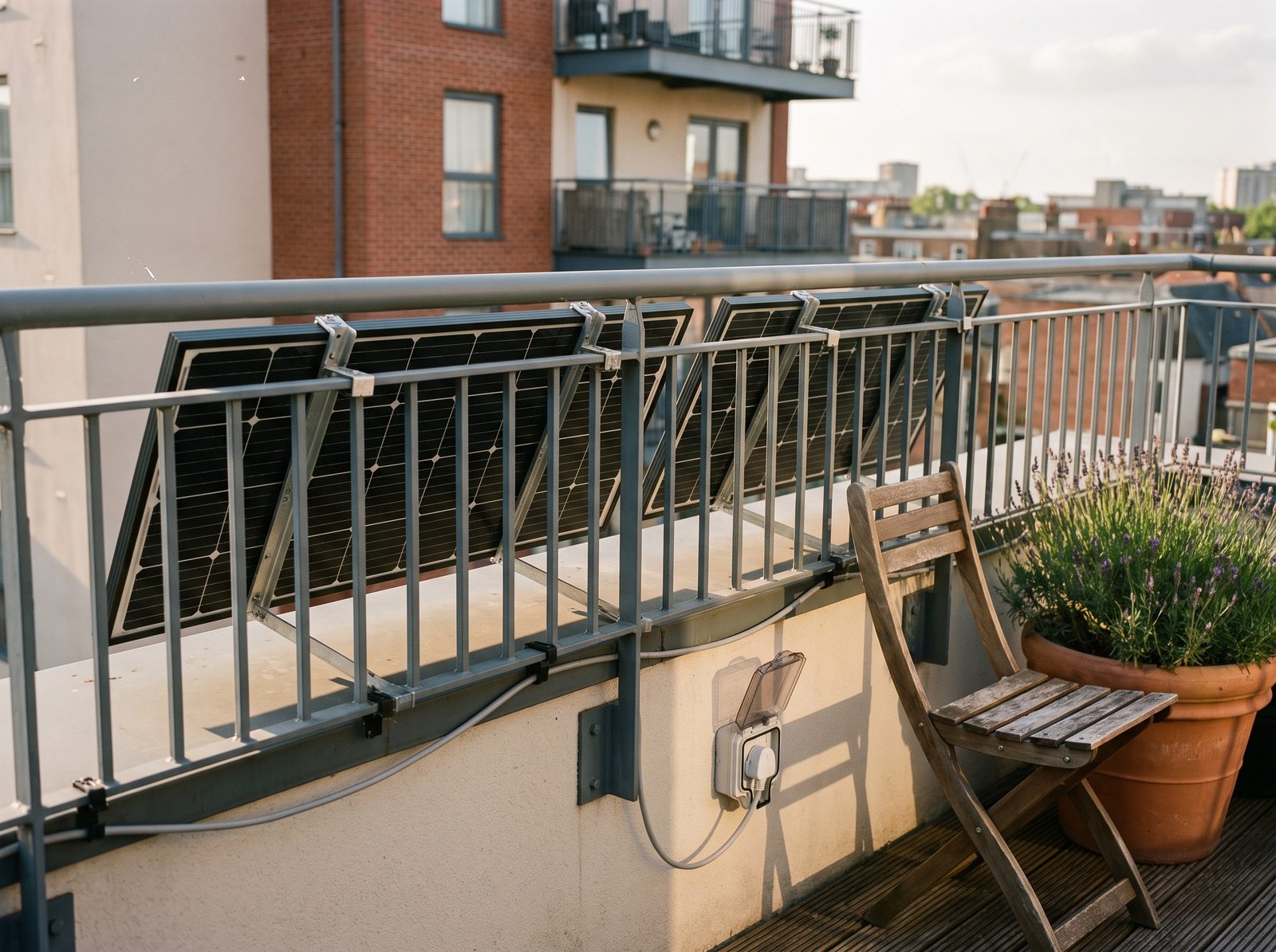 Illustration: two solar panels hung on a steel balcony railing, one cable running to an outdoor socket