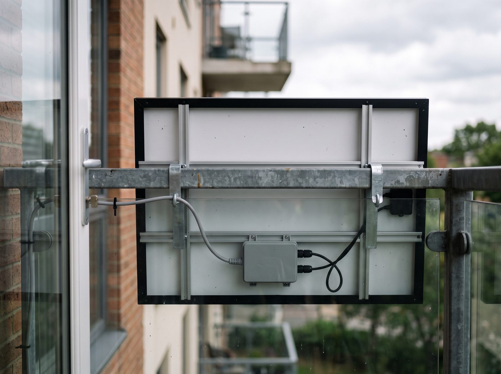 Illustration: the back of a balcony solar panel, showing the microinverter and the cables clipped to the railing