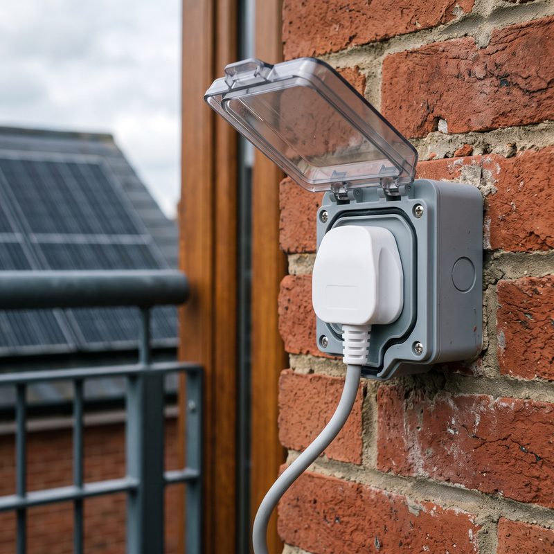 Illustration: a British three-pin plug in a weatherproof outdoor socket beside a balcony