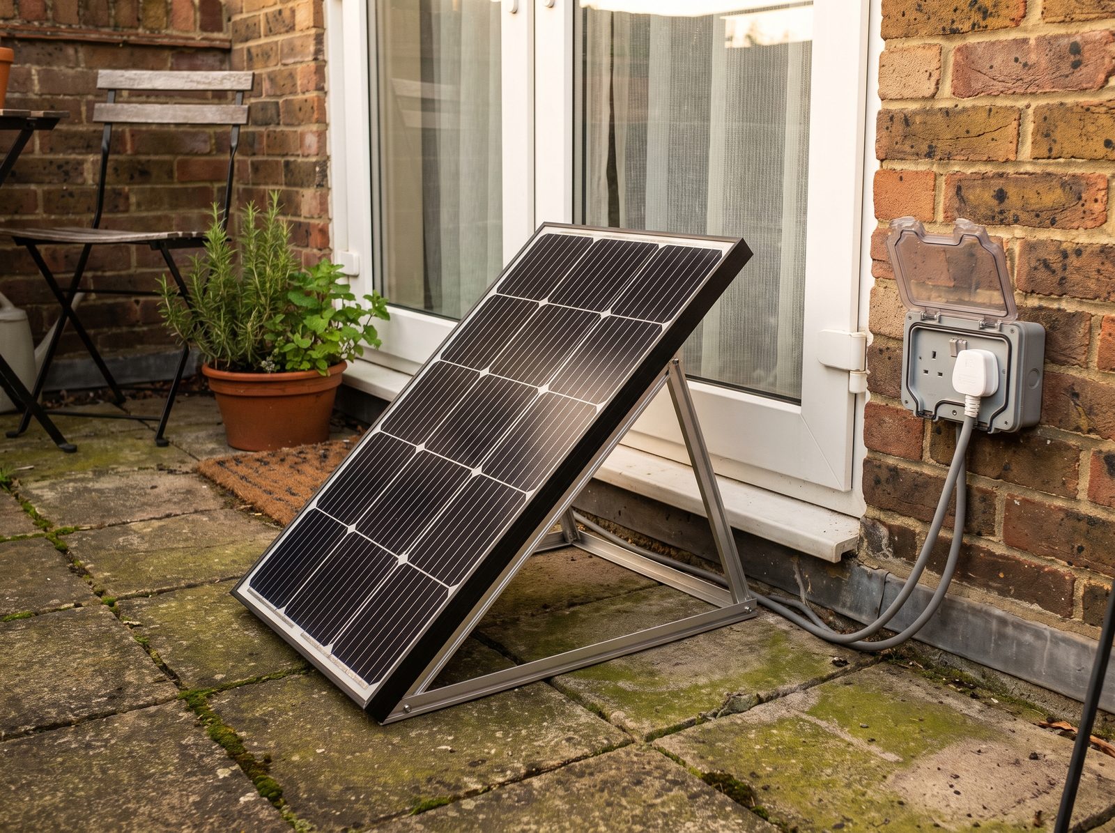 Illustration: a single solar panel on a freestanding stand on a small rented balcony, nothing fixed to the building