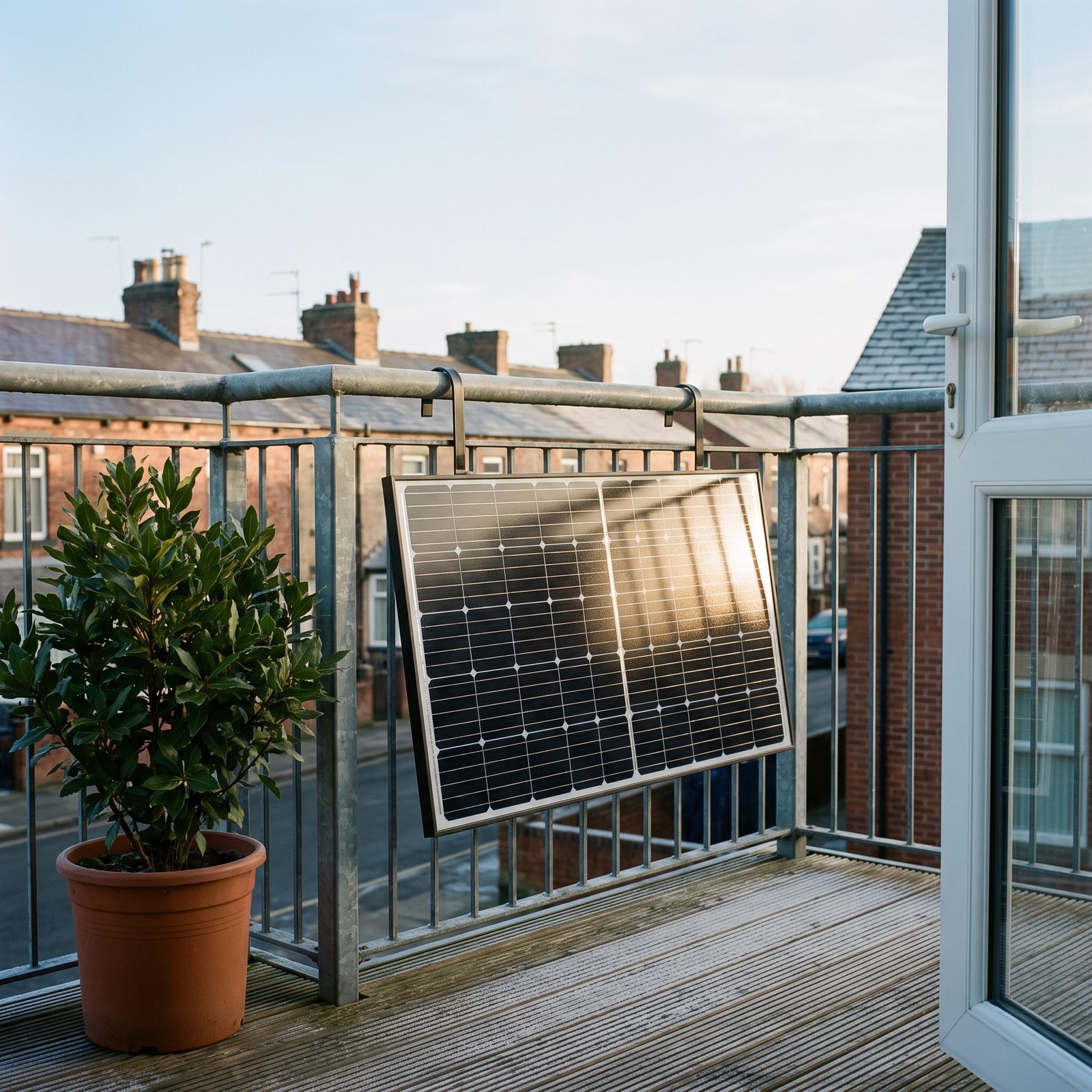 Illustration: a solar panel on a balcony railing on a grey British morning